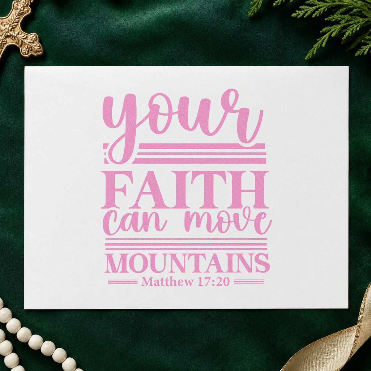 Your Faith Moves Mountains Rules craft stamp in purple ink on cardstock, an easy option for mustard seed crafts.