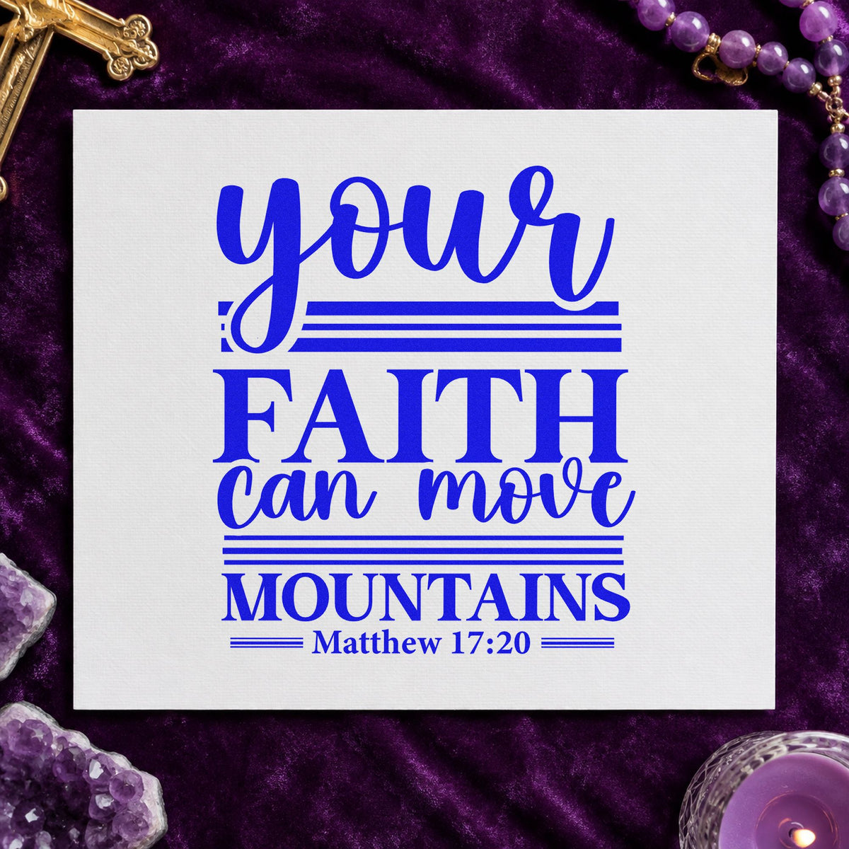 Your Faith Moves Mountains Rules craft stamp imprinted in blue ink on paper, a design suited to sermon note headers.
