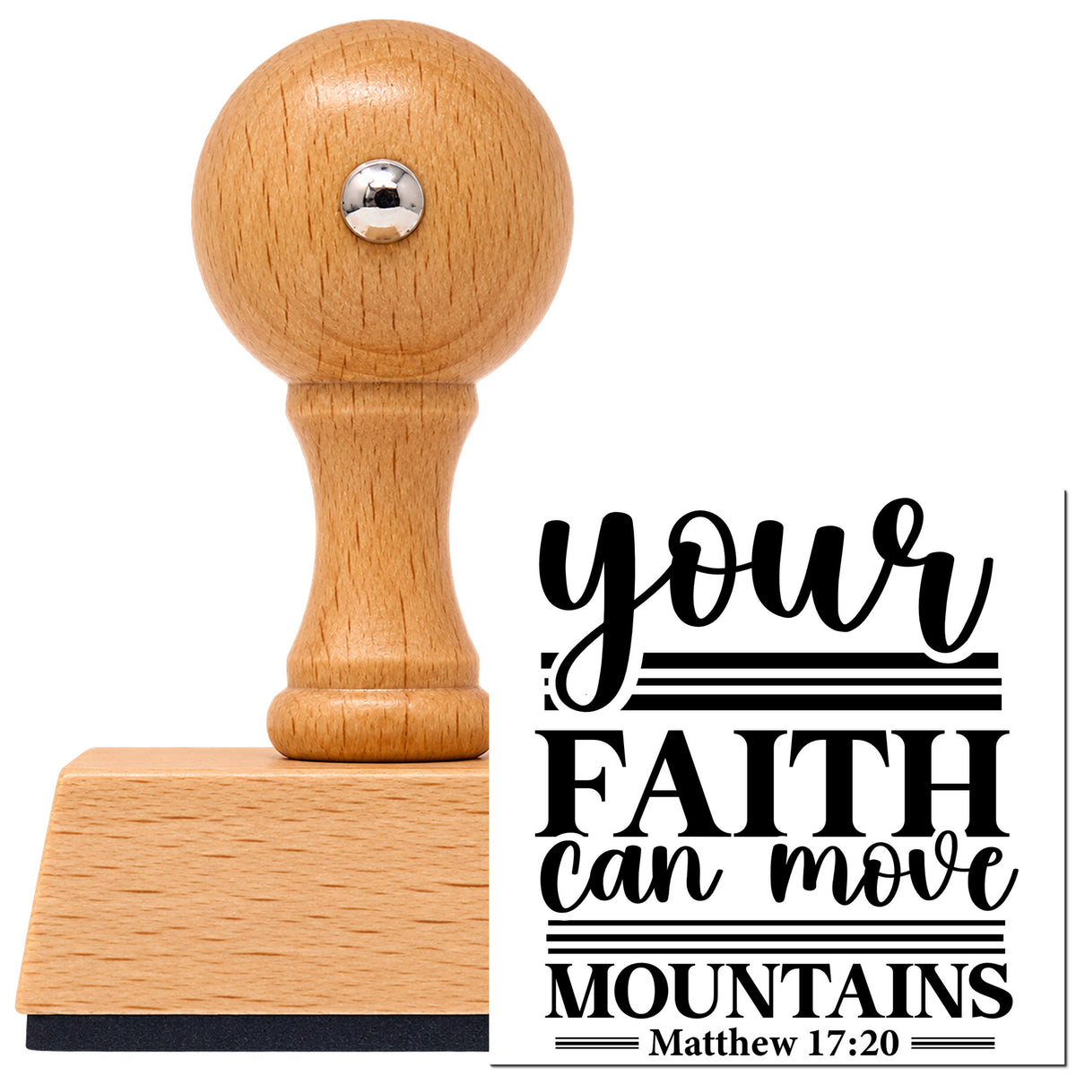 Vintage Pro beech wood stamp with a round knob handle, shown with its black Faith Moves Mountains Horizontal Lines imprint on white.