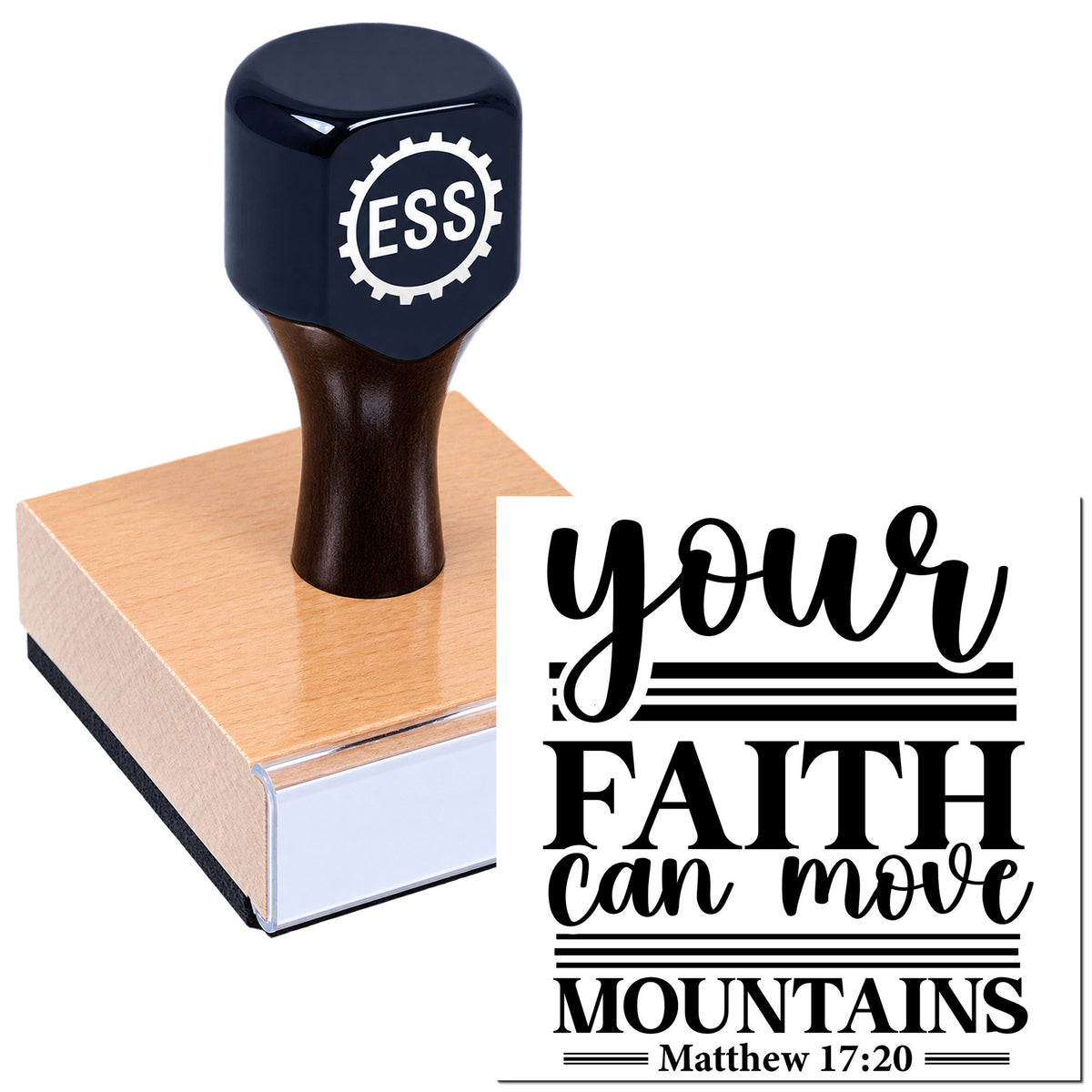 Navy custom stamp and seal on a wood block, with black faith quote design: "your faith can move mountains" Matthew 17:20.