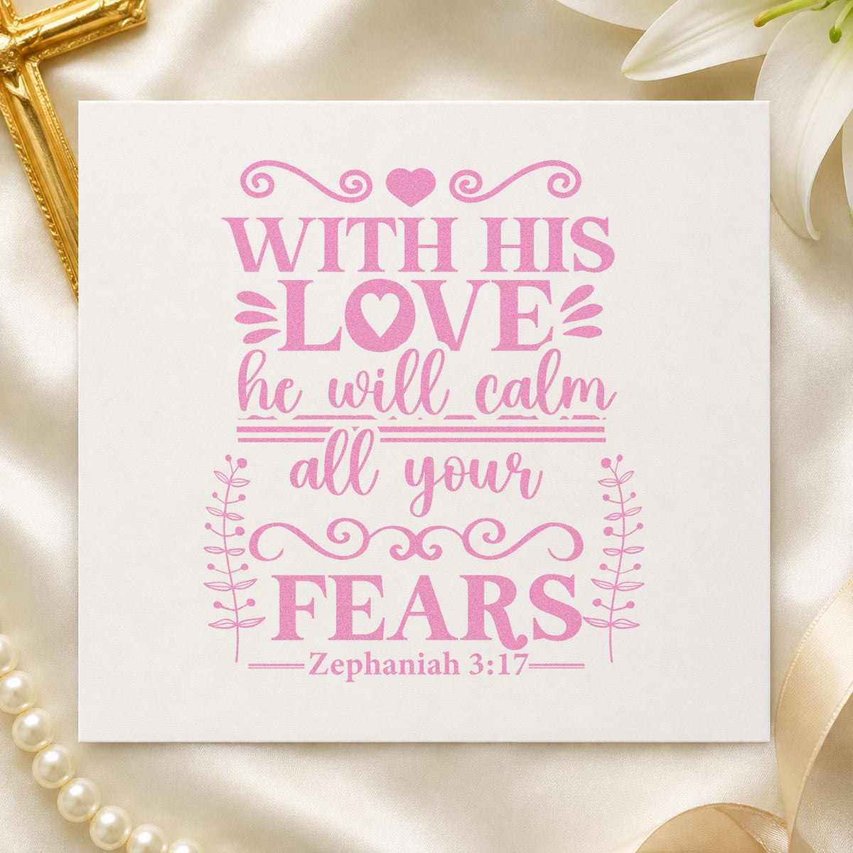 His Love Calms Fears Scrolls craft stamp in purple ink on cardstock, an easy option for lullaby gift sets.