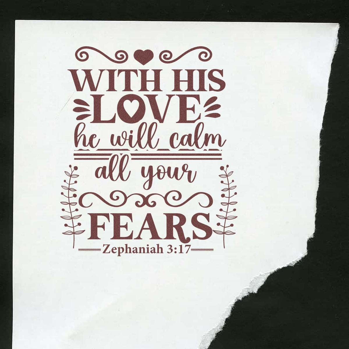 His Love Calms Fears Scrolls rubber stamp shown in brown ink, stamped for projects such as lullaby gift sets.