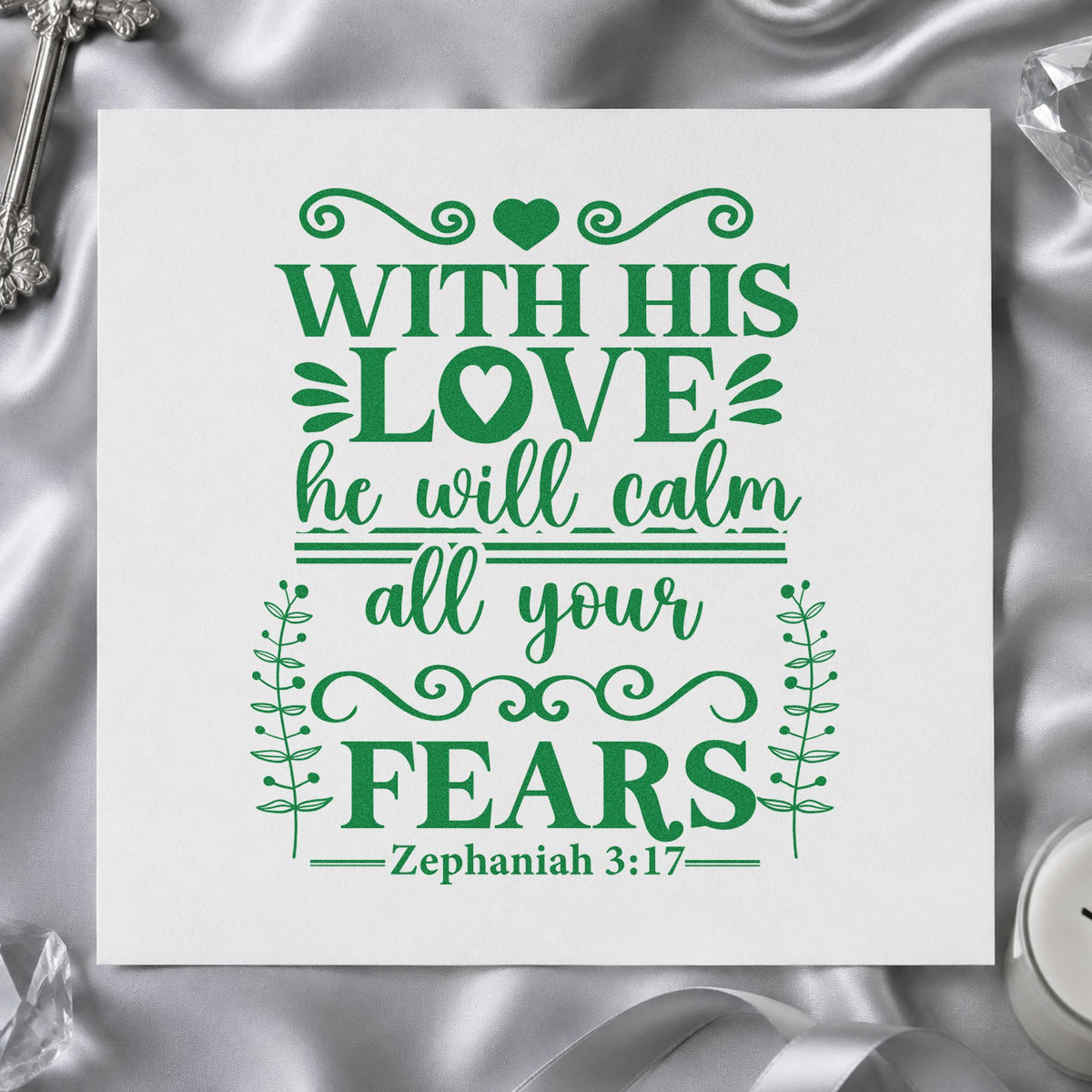 His Love Calms Fears Scrolls craft stamp imprint in green ink on a handmade project, one idea being framed nursery art.