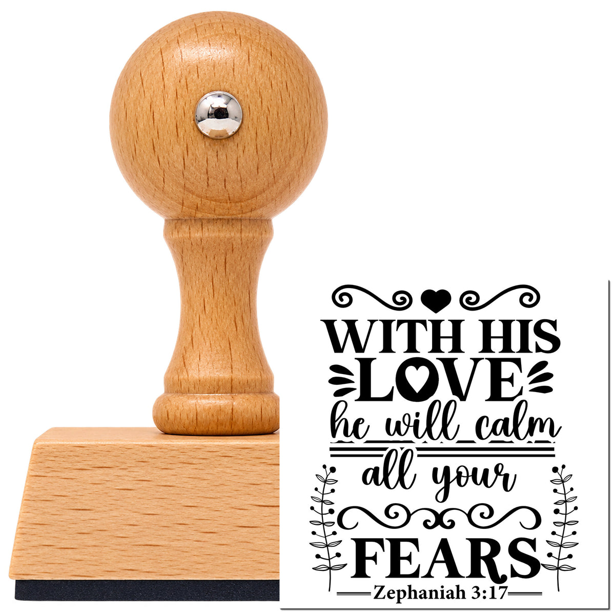 Vintage Pro beech wood stamp with a round knob handle, shown with its black His Love Calms Fears Scrolls imprint on white.