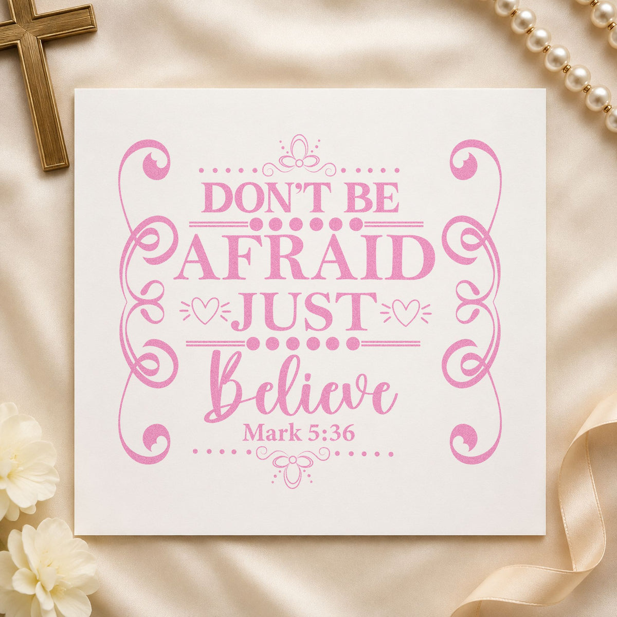 Don't Be Afraid Scroll Frame craft stamp in purple ink on cardstock, an easy option for oncology care kits.