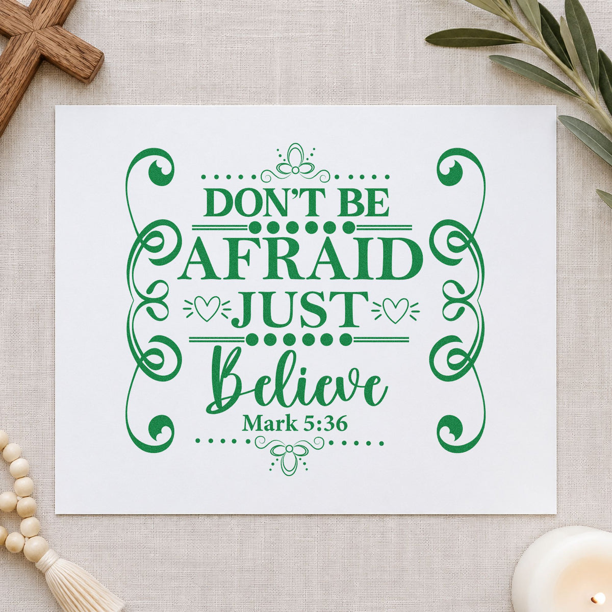 Don't Be Afraid Scroll Frame craft stamp imprint in green ink on a handmade project, one idea being night terror notes.