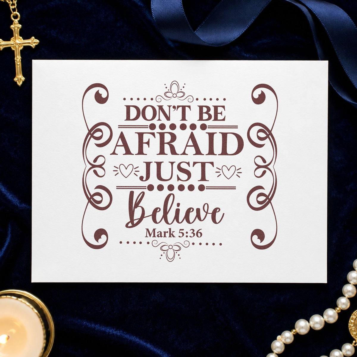 Don't Be Afraid Scroll Frame rubber stamp printed in brown ink, ready for faith step pages and similar paper crafts.