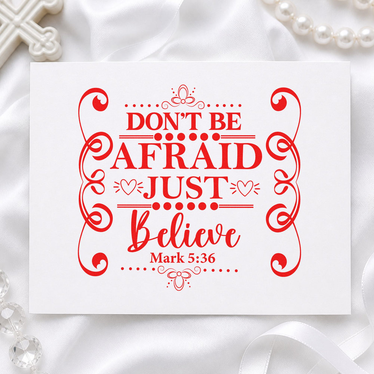 Don't Be Afraid Scroll Frame rubber stamp shown in red ink, stamped for projects such as journal cover stamping.