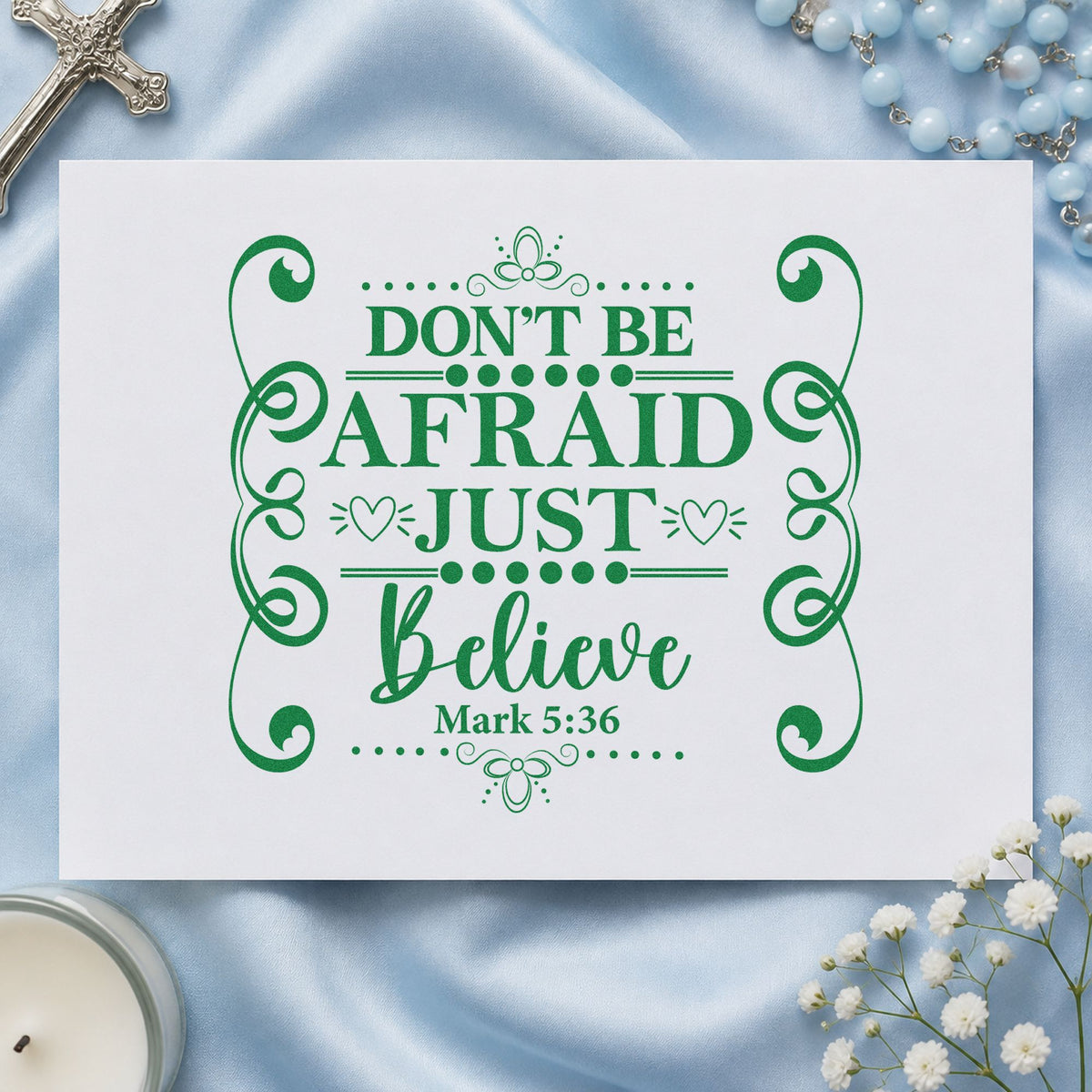 Don't Be Afraid Scroll Frame craft stamp imprint in green ink on a handmade project, one idea being framed hallway art.