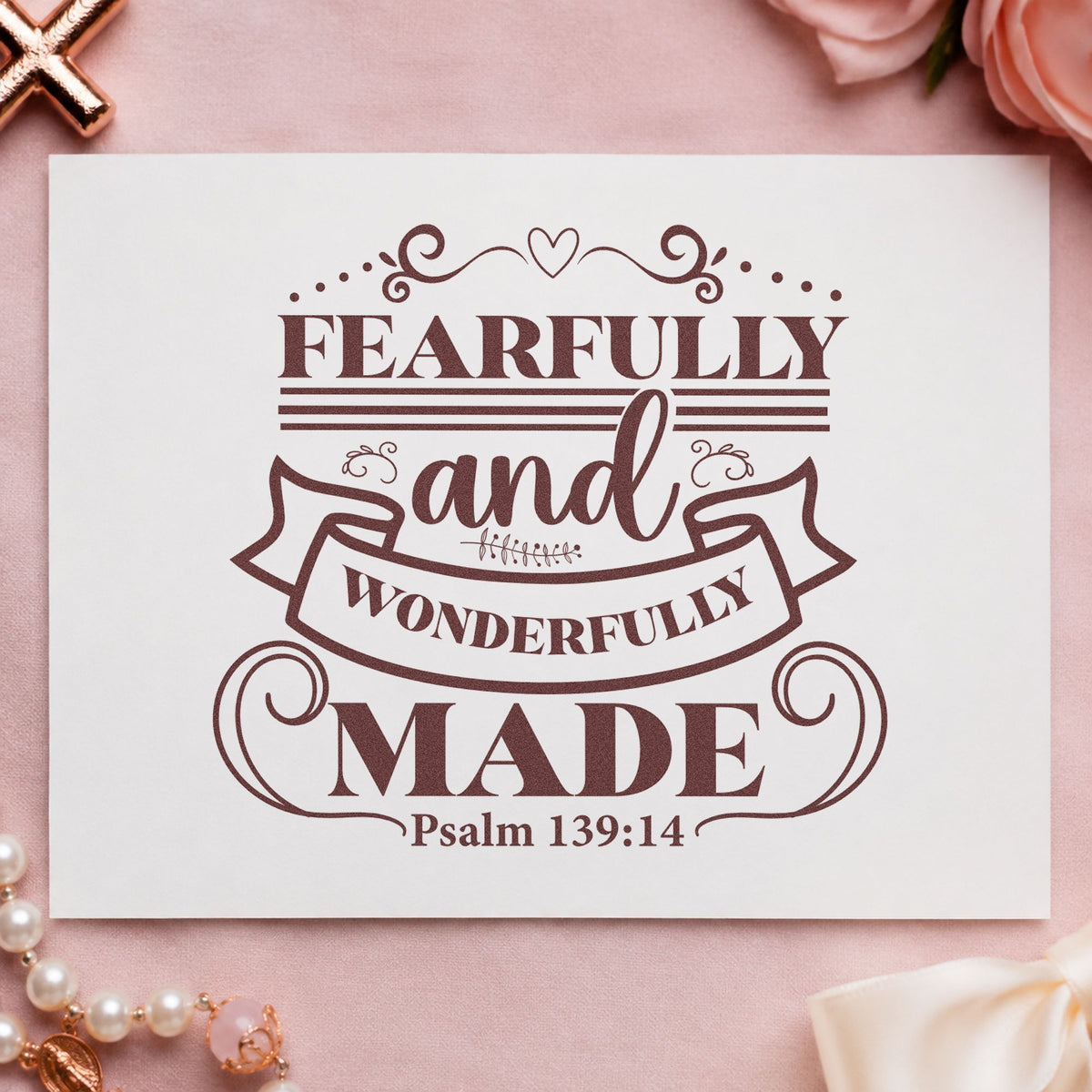 Fearfully Wonderfully Made Ribbon rubber stamp printed in brown ink, ready for baby book pages and similar paper crafts.