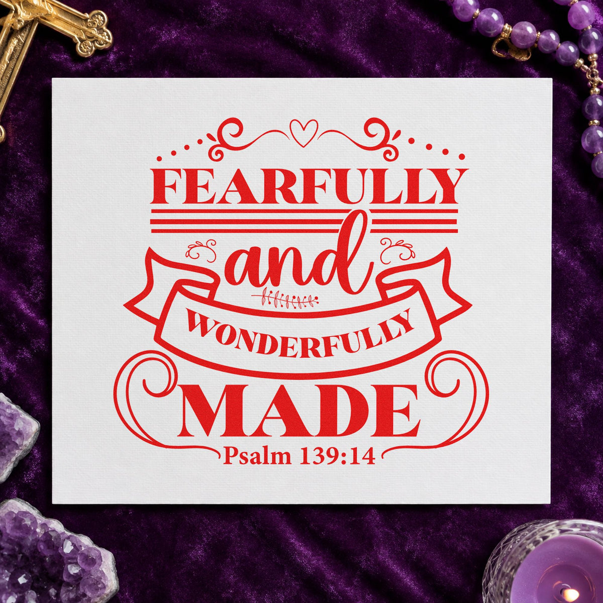 Fearfully Wonderfully Made Ribbon rubber stamp shown in red ink, stamped for projects such as teen mirror clings.