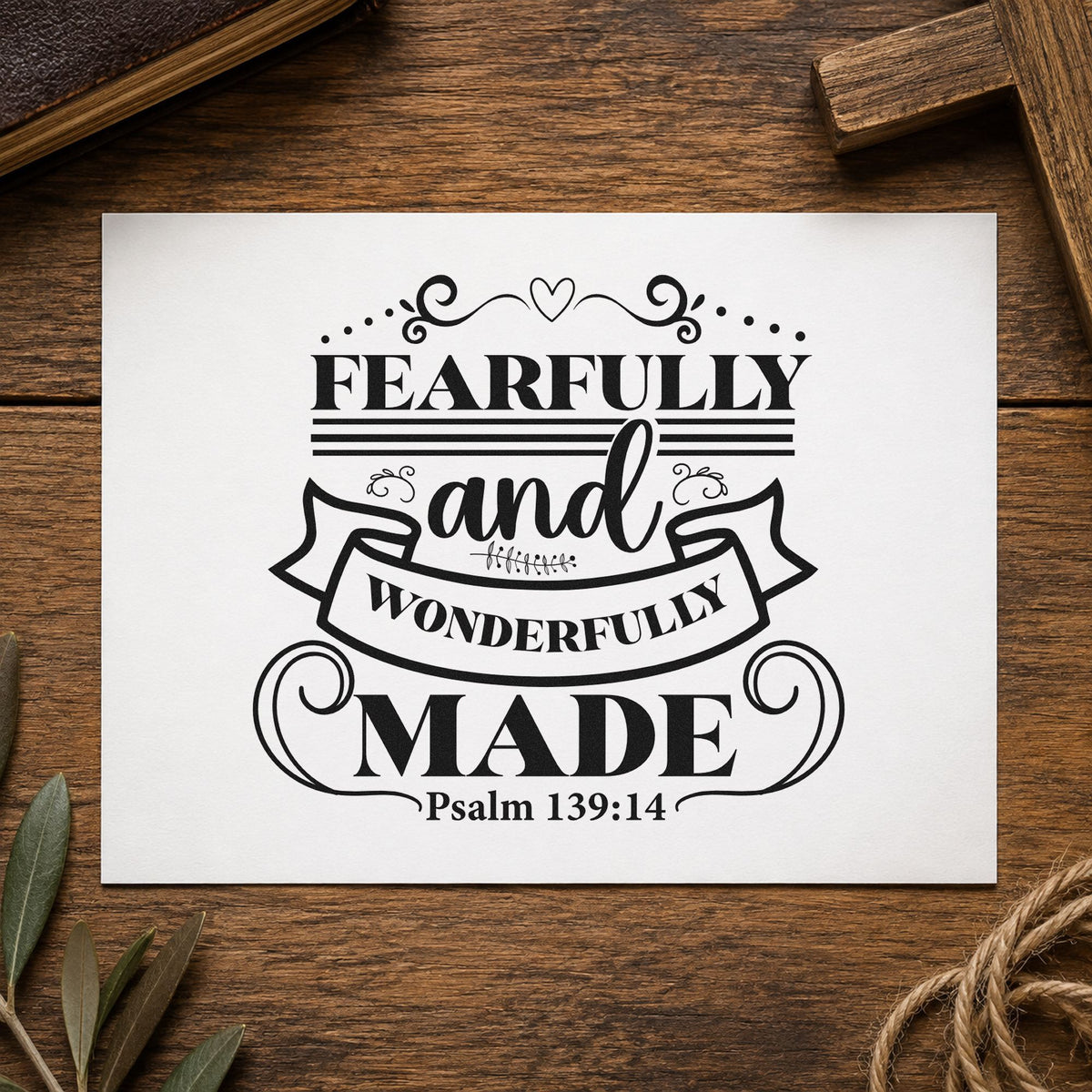 Fearfully Wonderfully Made Ribbon rubber stamp printed in black ink, ready for ribbon wonder cards and similar paper crafts.