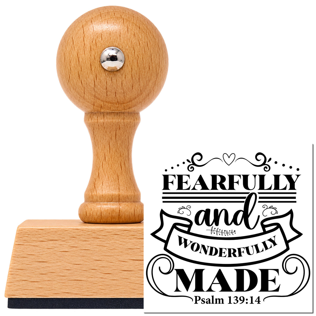 Vintage Pro beech wood stamp with a round knob handle, shown with its black Fearfully Wonderfully Made Ribbon imprint on white.