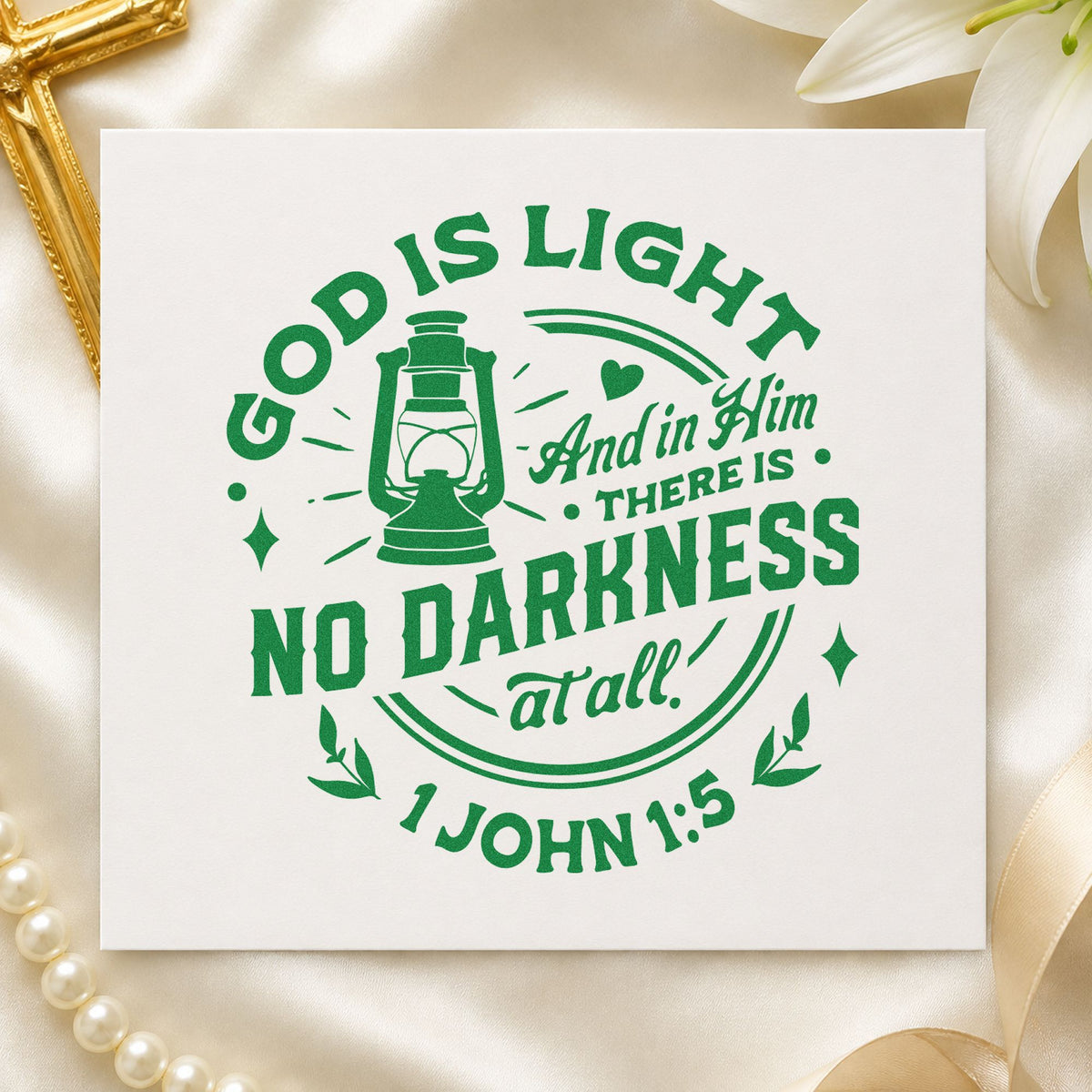 God Is Light Lantern craft stamp imprint in green ink on a handmade project, one idea being camping lantern tags.