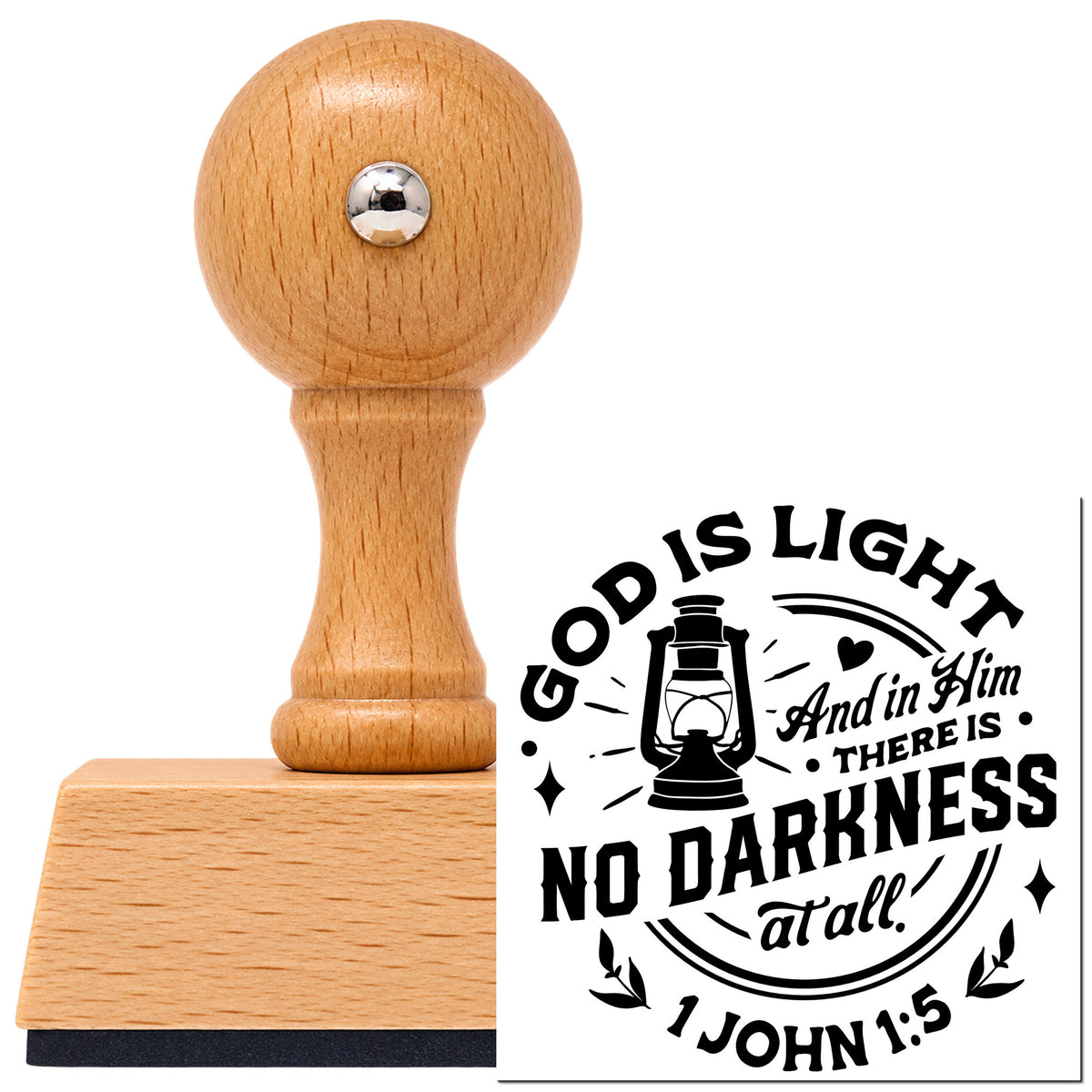 Vintage Pro beech wood stamp with a round knob handle, shown with its black God Is Light Lantern Circular Layout imprint on white.