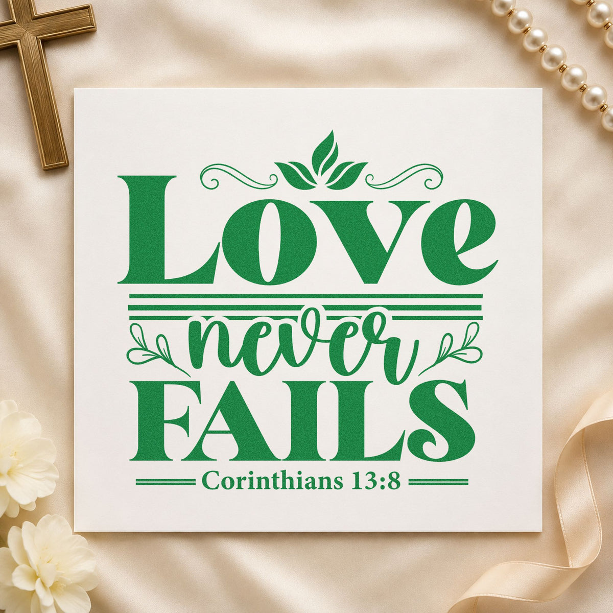 Love Never Fails Flourishes craft stamp imprint in green ink on a handmade project, one idea being anniversary gifts.
