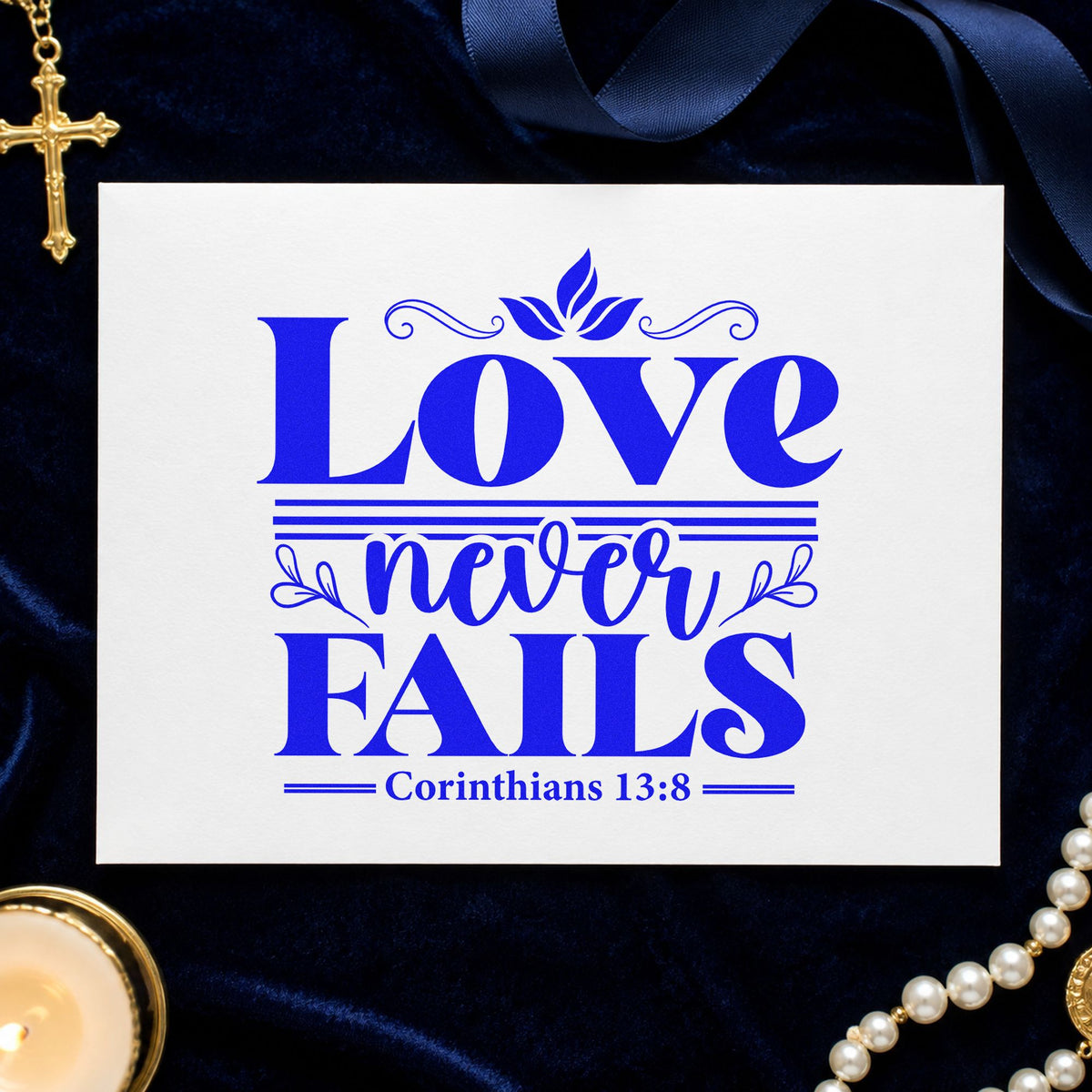 Love Never Fails Flourishes craft stamp in blue ink on cardstock, an easy option for ring box labels.