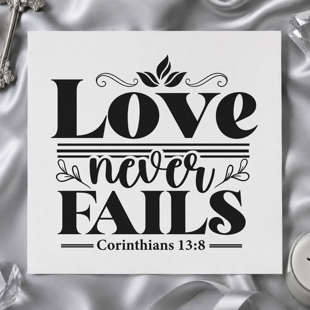 Love Never Fails Flourishes rubber stamp printed in black ink, ready for classic wedding cards and similar paper crafts.