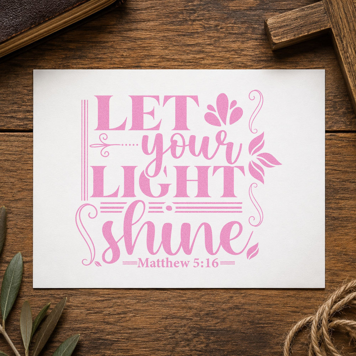 Let Your Light Shine Scrolls craft stamp in purple ink on cardstock, an easy option for baptism candle tags.