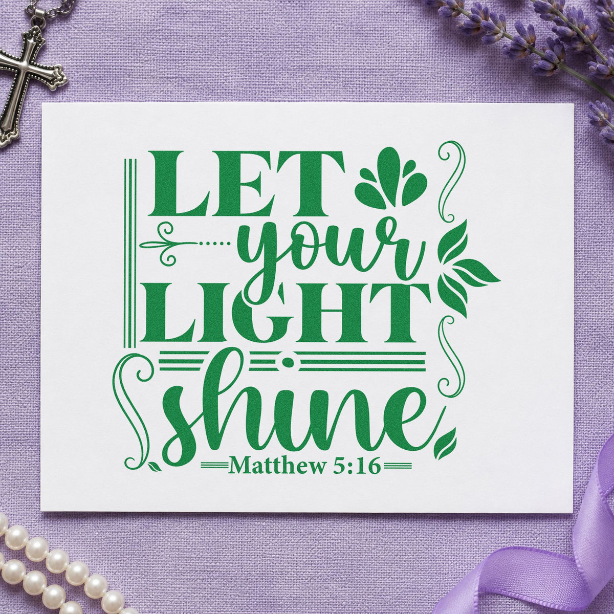 Let Your Light Shine Scrolls craft stamp imprint in green ink on a handmade project, one idea being teacher retirement gifts.