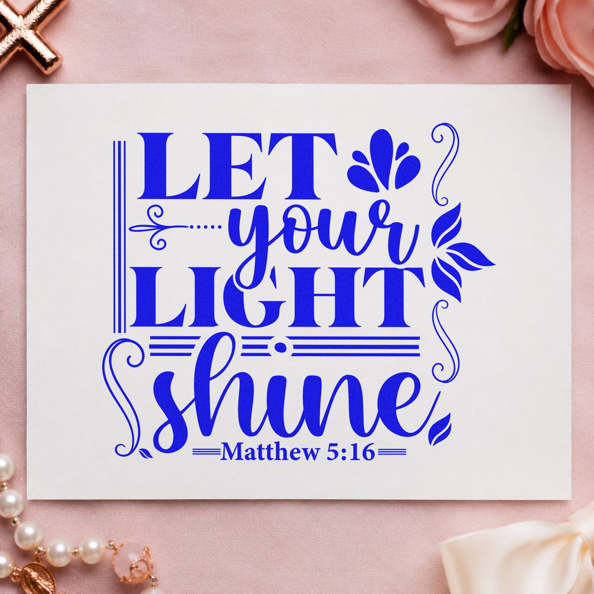 Let Your Light Shine Scrolls craft stamp in blue ink on cardstock, an easy option for canvas totes.
