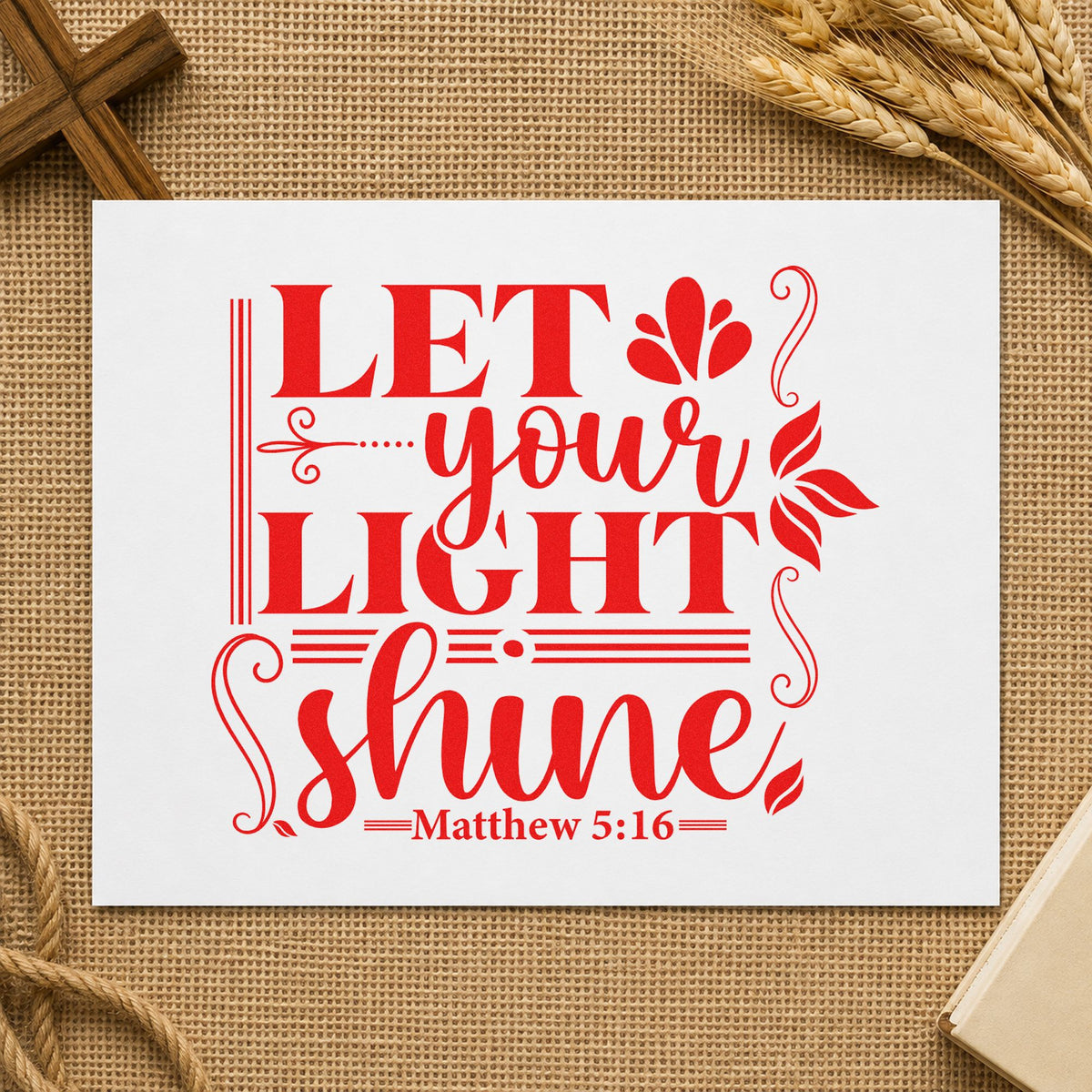 Let Your Light Shine Scrolls rubber stamp shown in red ink, stamped for projects such as nurse pinning gifts.