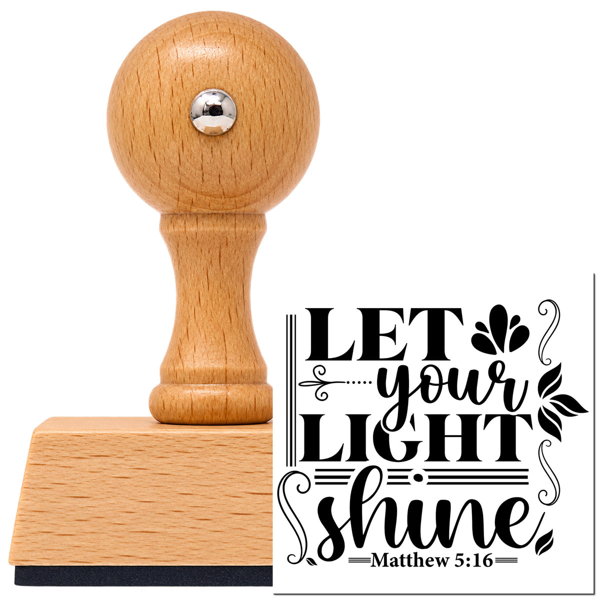 Vintage Pro beech wood stamp with a round knob handle, shown with its black Let Your Light Shine Scrolls Botanical Sprig imprint on white.