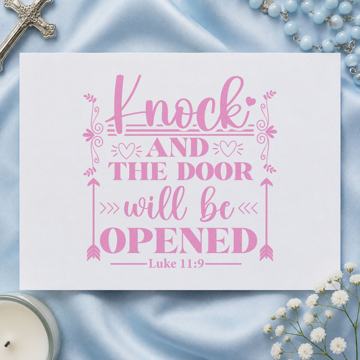 Knock and the Door Arrows craft stamp in purple ink on cardstock, an easy option for knob hanger crafts.