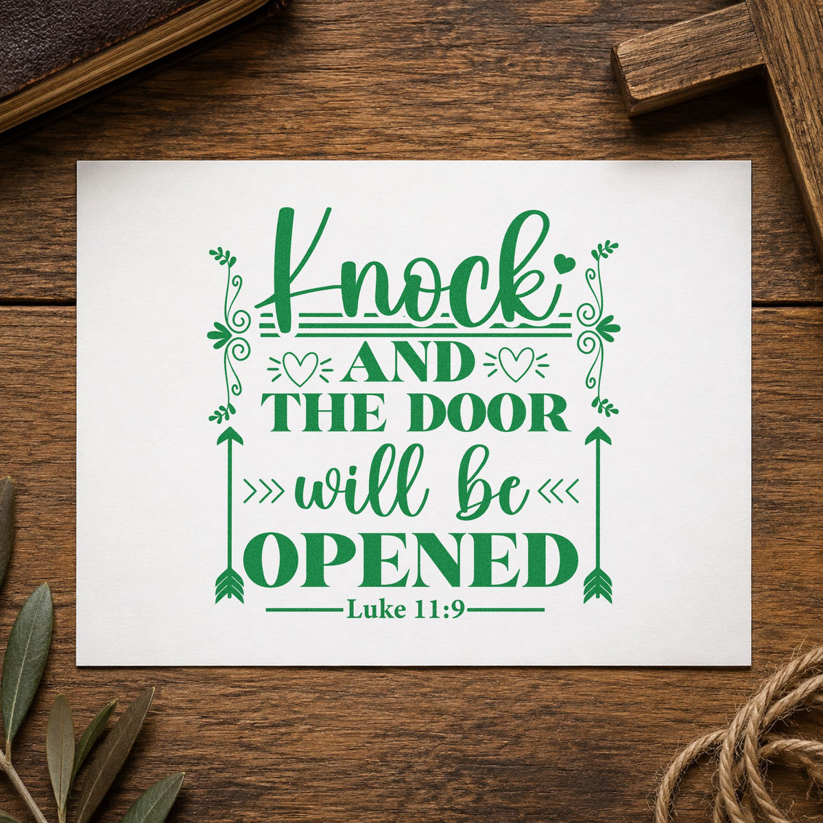 Knock and the Door Arrows craft stamp imprint in green ink on a handmade project, one idea being college application gifts.