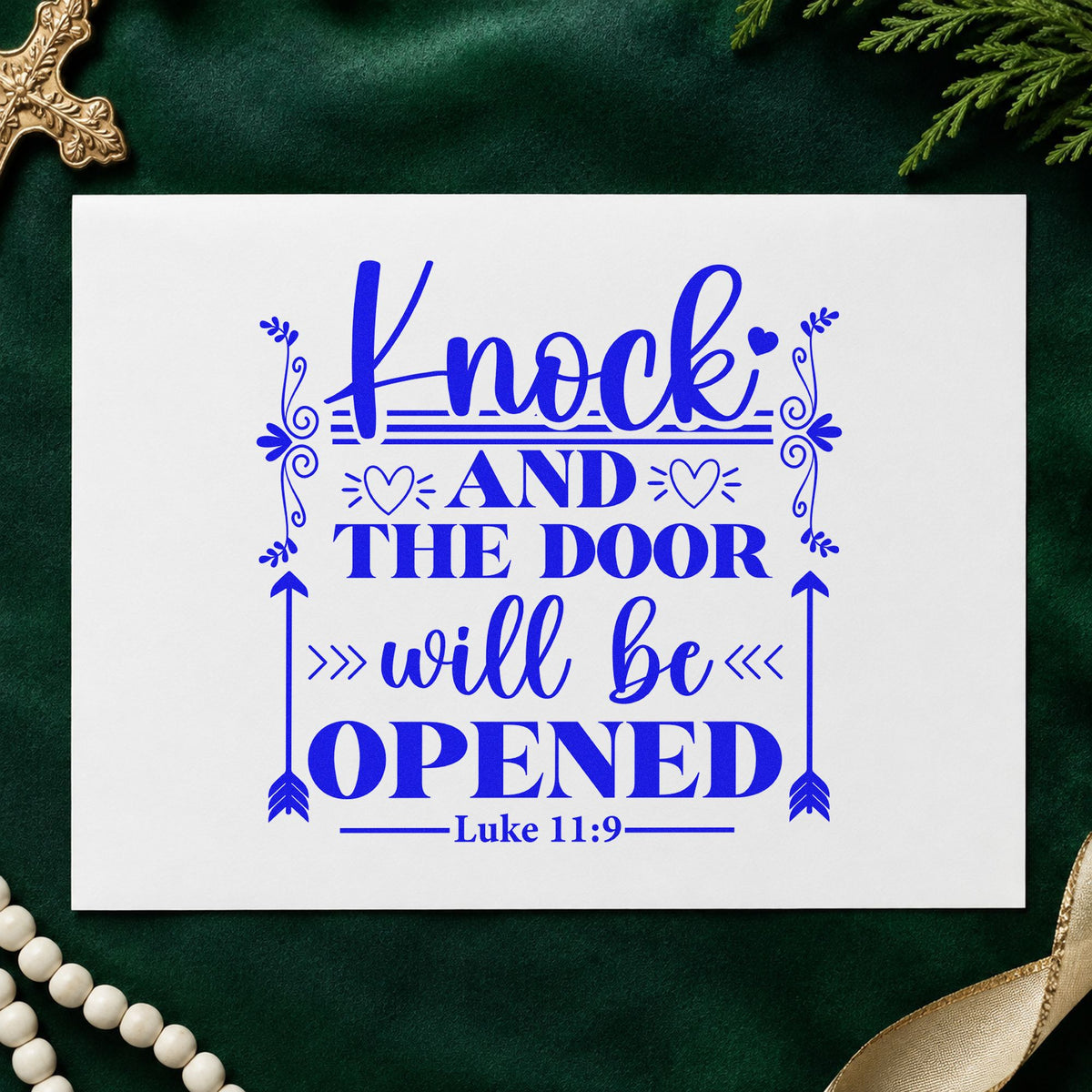 Knock and the Door Arrows craft stamp in blue ink on cardstock, an easy option for canvas totes.