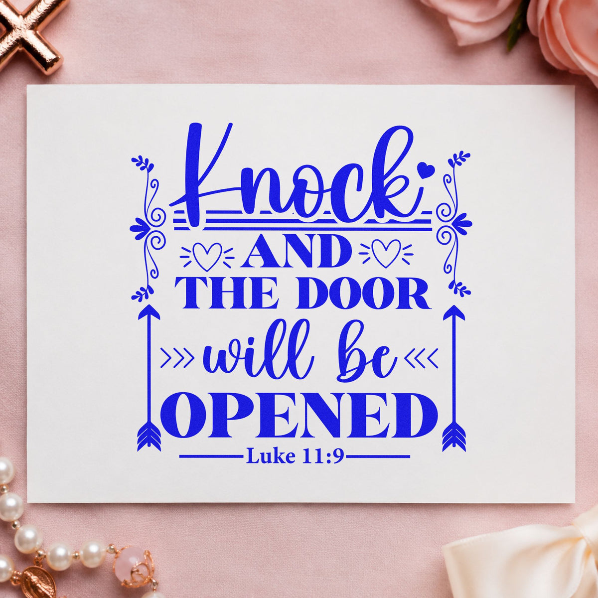 Knock and the Door Arrows craft stamp imprinted in blue ink on paper, a design suited to realtor closing tags.