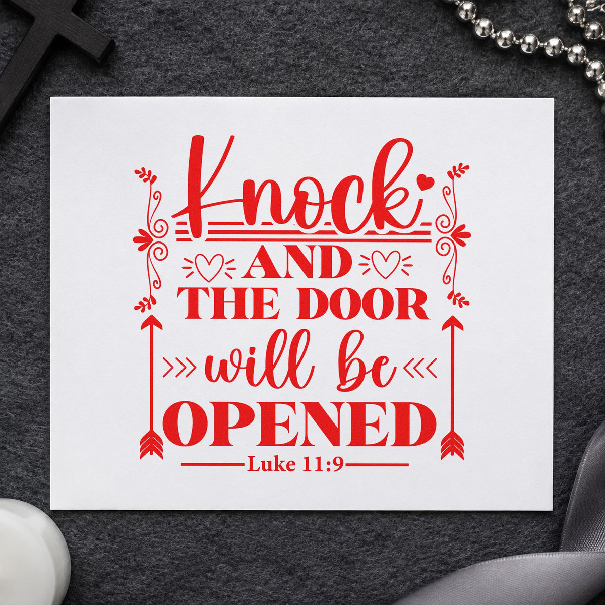 Knock and the Door Arrows rubber stamp shown in red ink, stamped for projects such as door wreath tags.