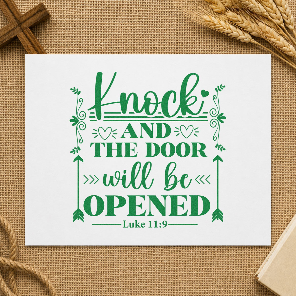 Knock and the Door Arrows craft stamp imprint in green ink on a handmade project, one idea being framed entry art.