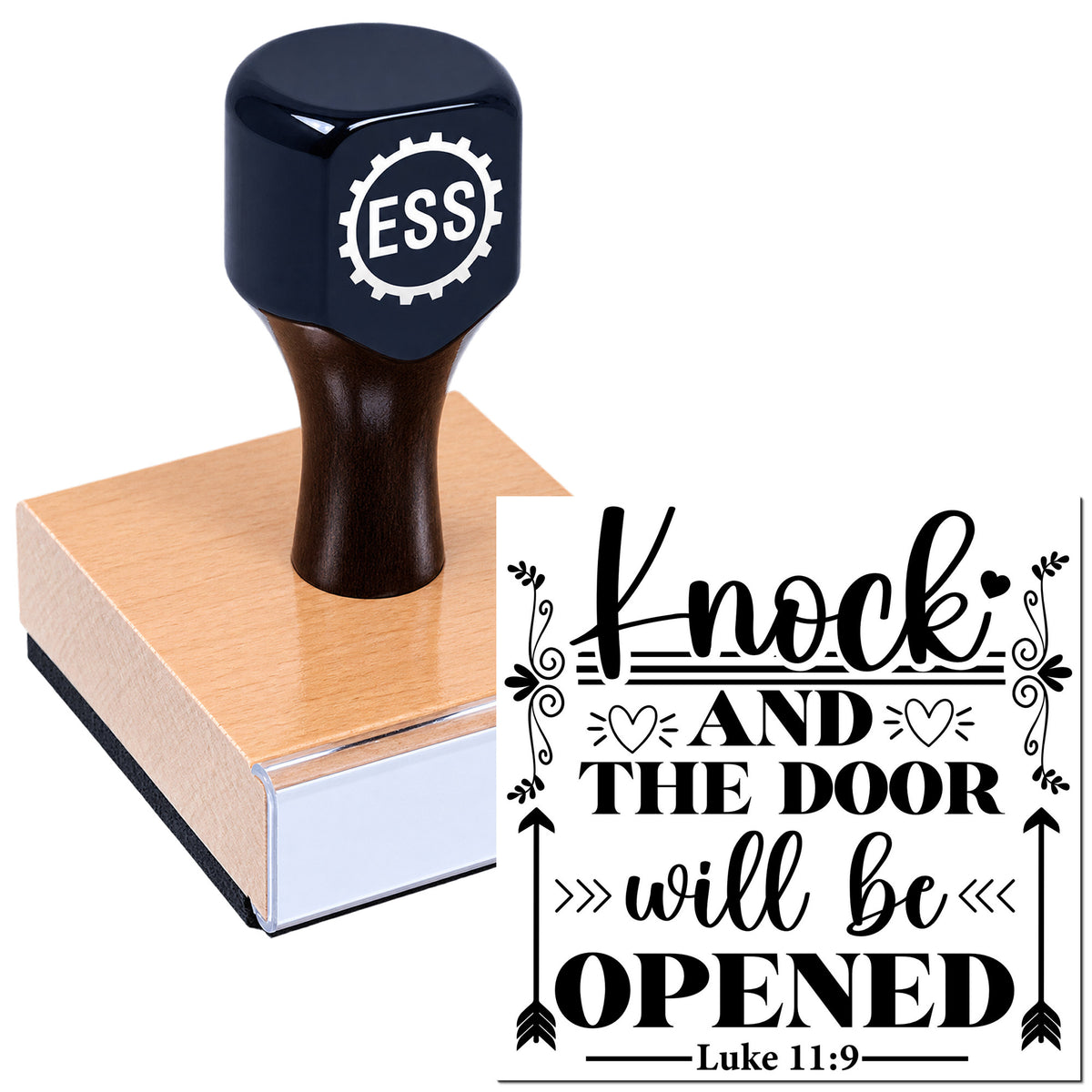 Dark navy ESS rubber stamp and seal with pink wooden base, showing "Knock and the door will be opened" design.