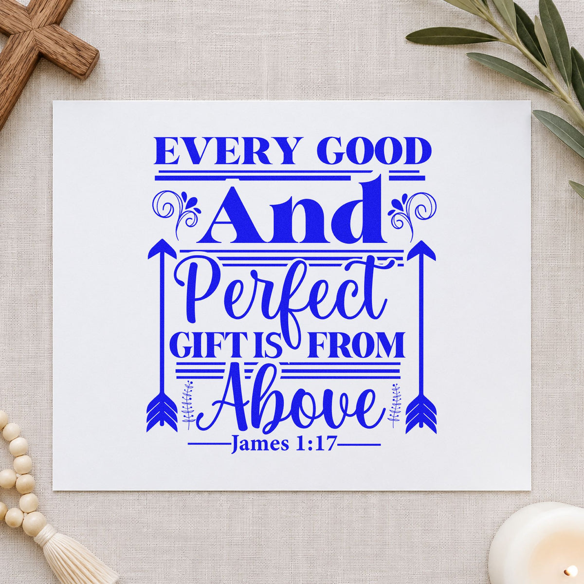 Every Good Gift Arrow Frame craft stamp in blue ink on cardstock, an easy option for canvas totes.