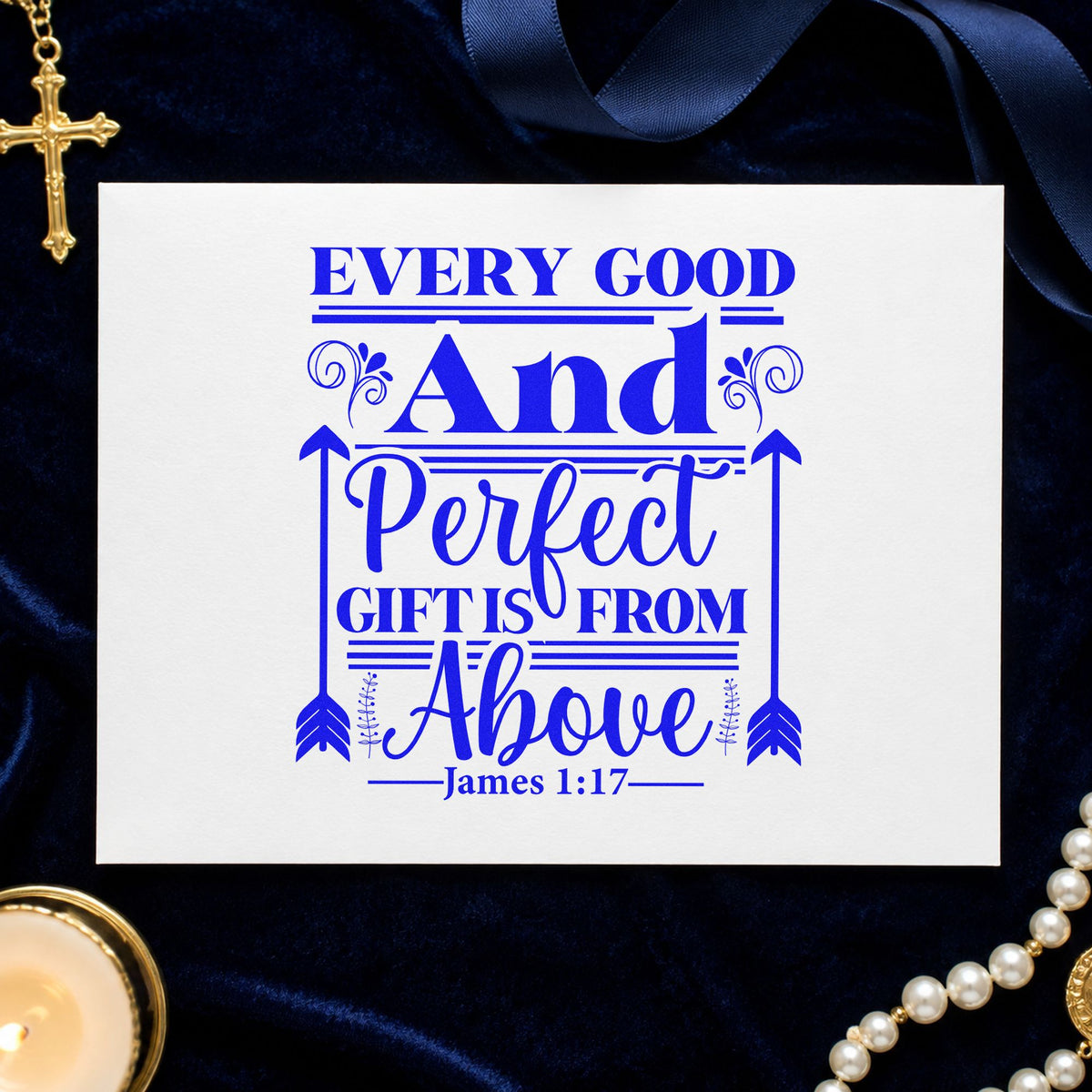 Every Good Gift Arrow Frame craft stamp imprinted in blue ink on paper, a design suited to christmas tags.