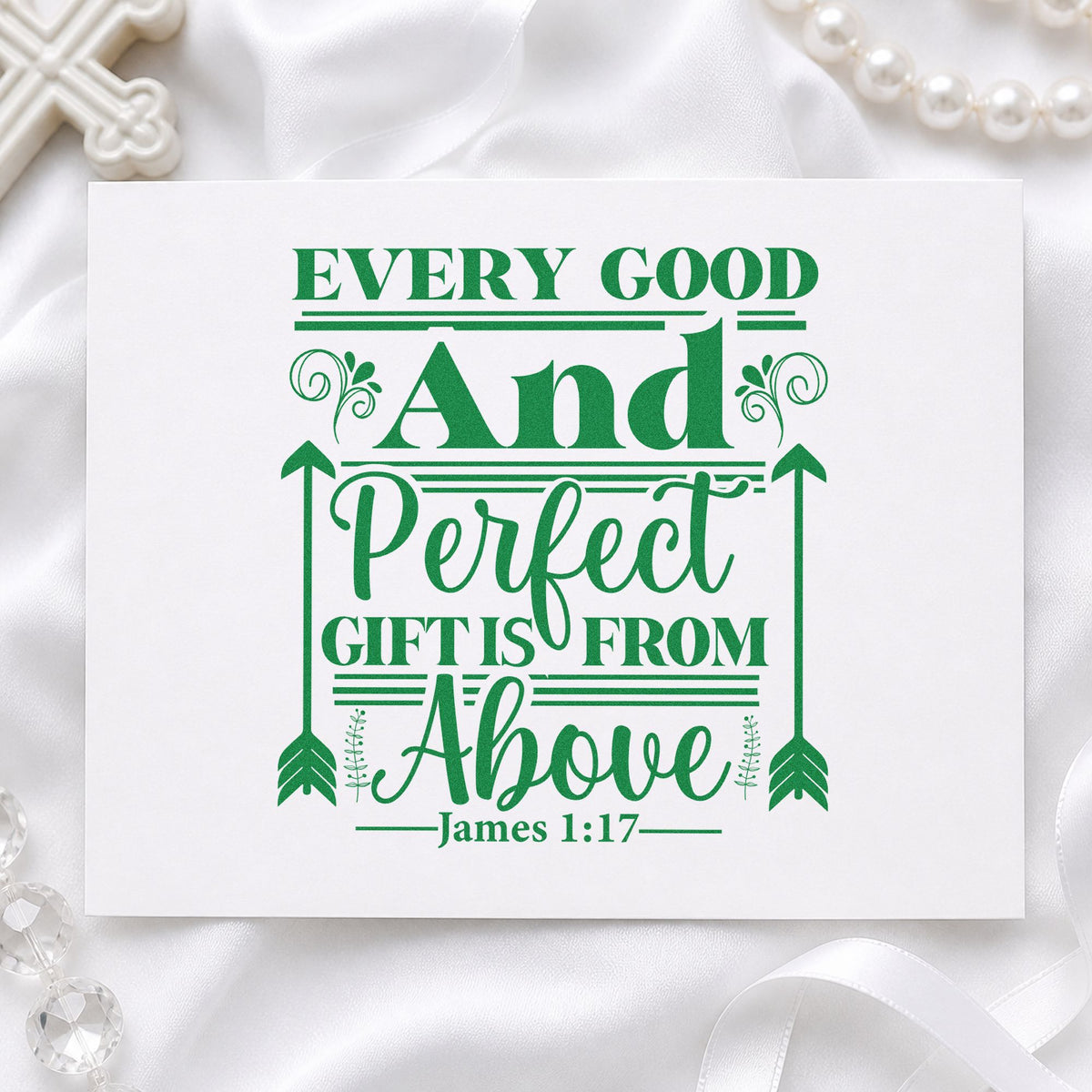 Every Good Gift Arrow Frame craft stamp imprint in green ink on a handmade project, one idea being framed nursery art.