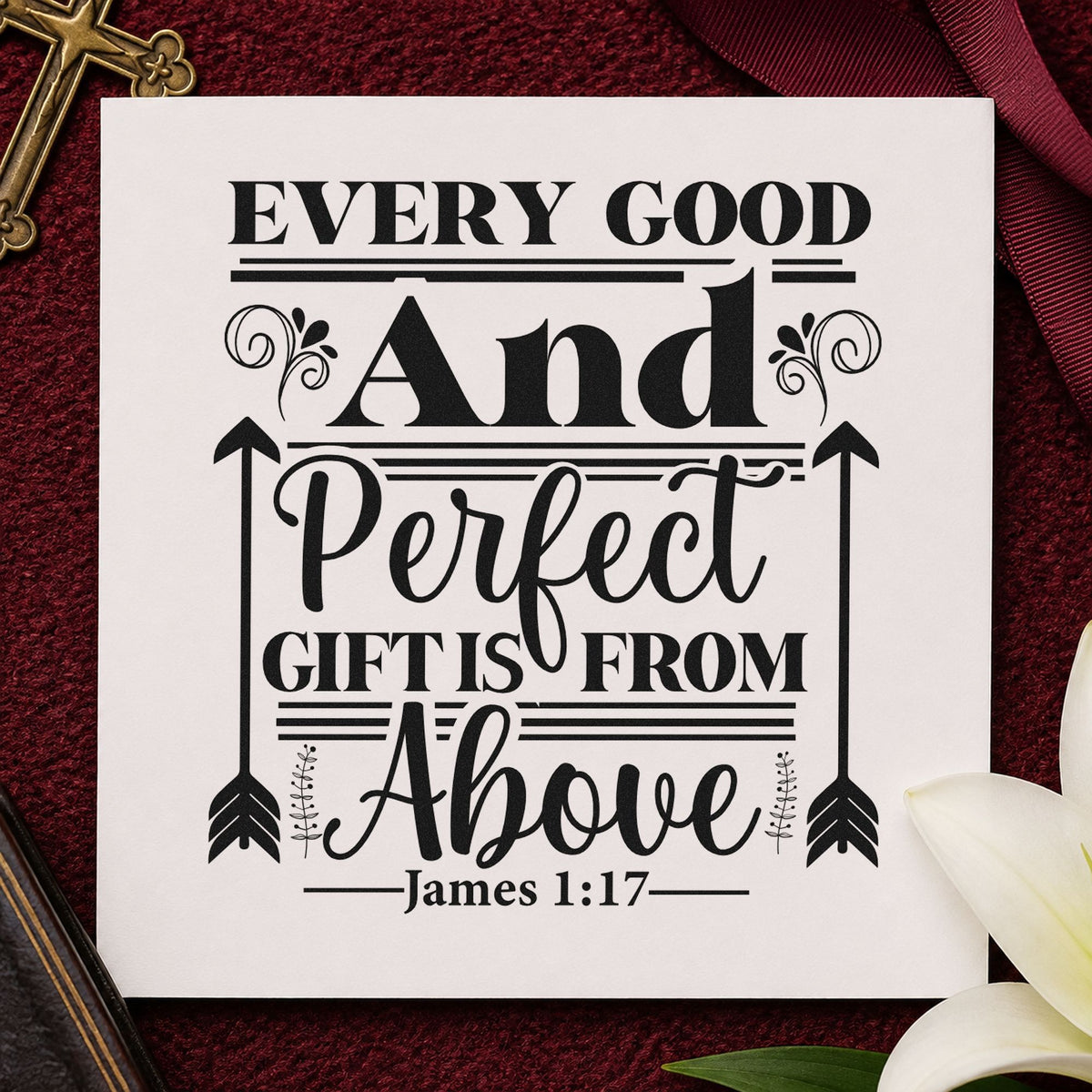 Every Good Gift Arrow Frame rubber stamp printed in black ink, ready for gift verse cards and similar paper crafts.