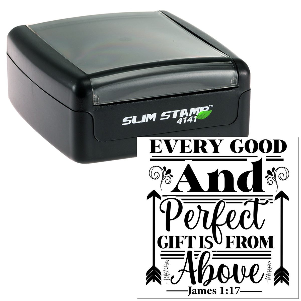 Black self-inking stamp and seal product featuring a bold decorative Bible quote in black on white.