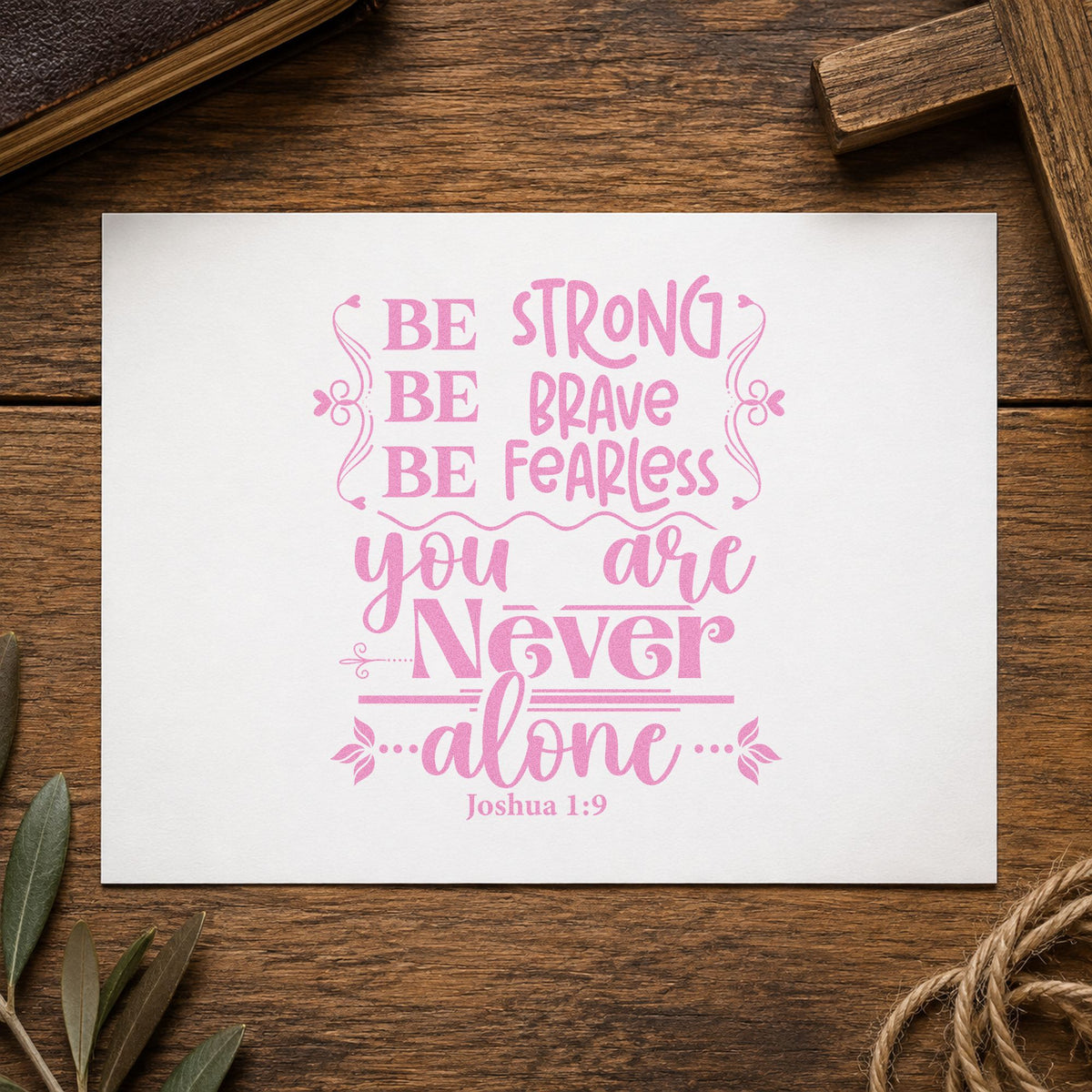 Never Alone Ornamental craft stamp in purple ink on cardstock, an easy option for boot camp letters.
