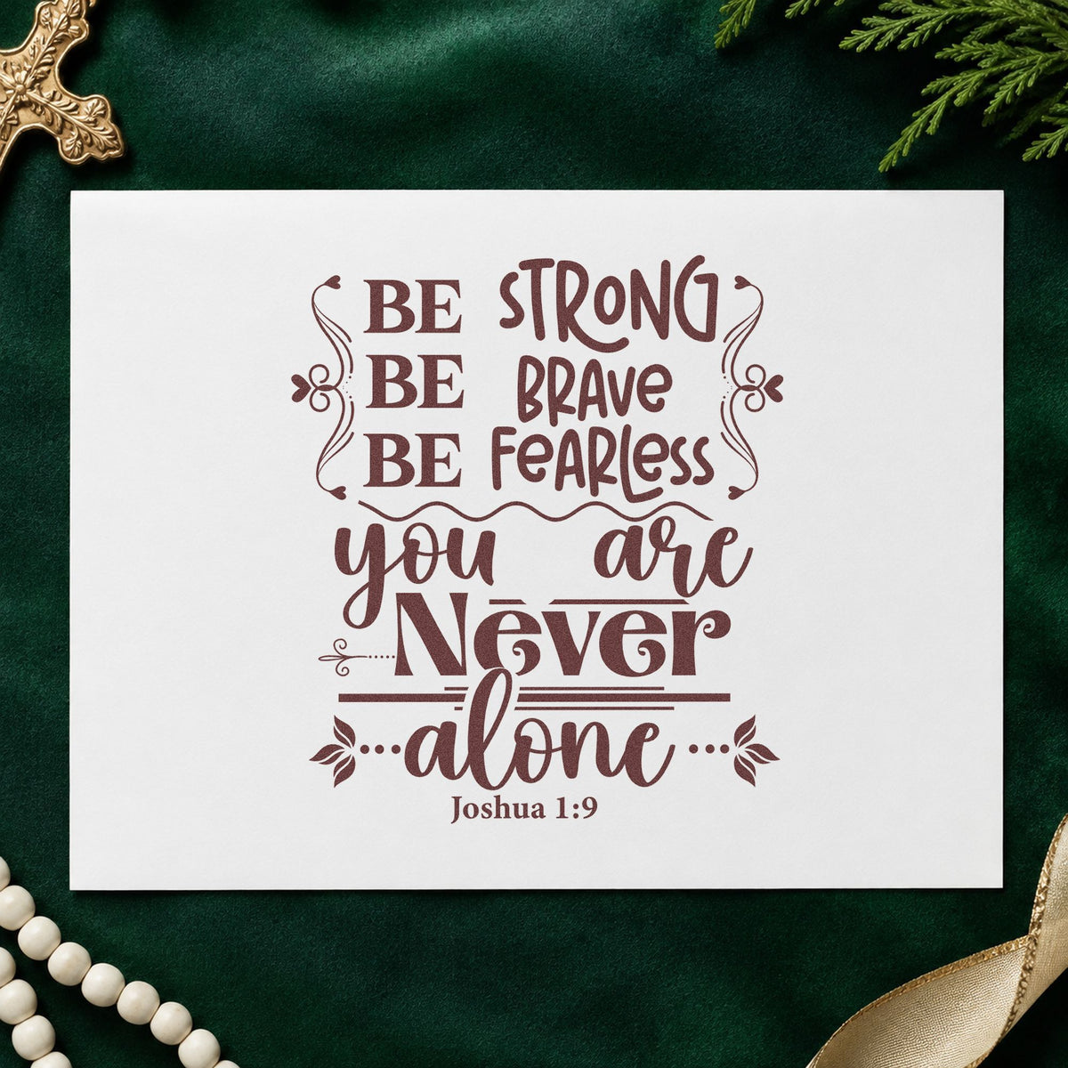 Never Alone Ornamental rubber stamp printed in brown ink, ready for brave kid pages and similar paper crafts.