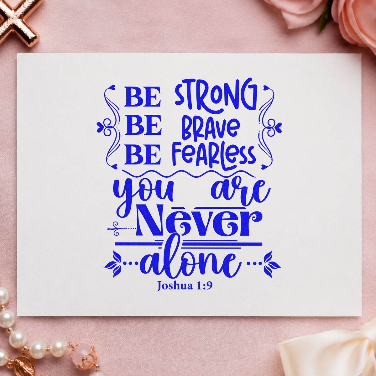 Never Alone Ornamental craft stamp in blue ink on cardstock, an easy option for canvas totes.