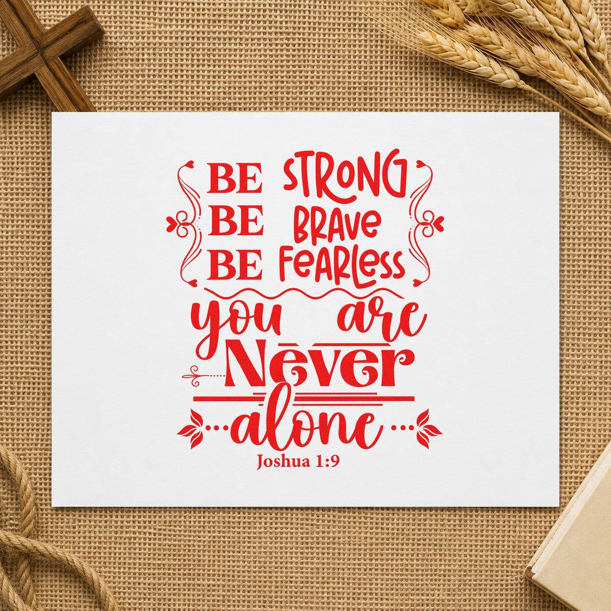 Never Alone Ornamental rubber stamp shown in red ink, stamped for projects such as study abroad gifts.