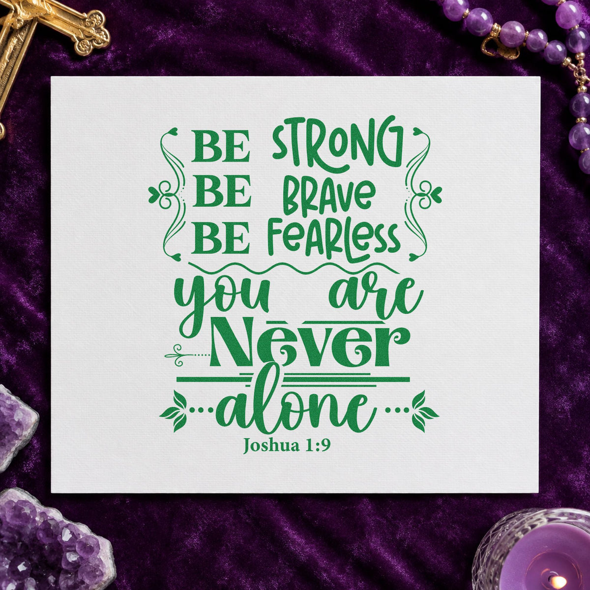 Never Alone Ornamental craft stamp imprint in green ink on a handmade project, one idea being framed kids' room art.