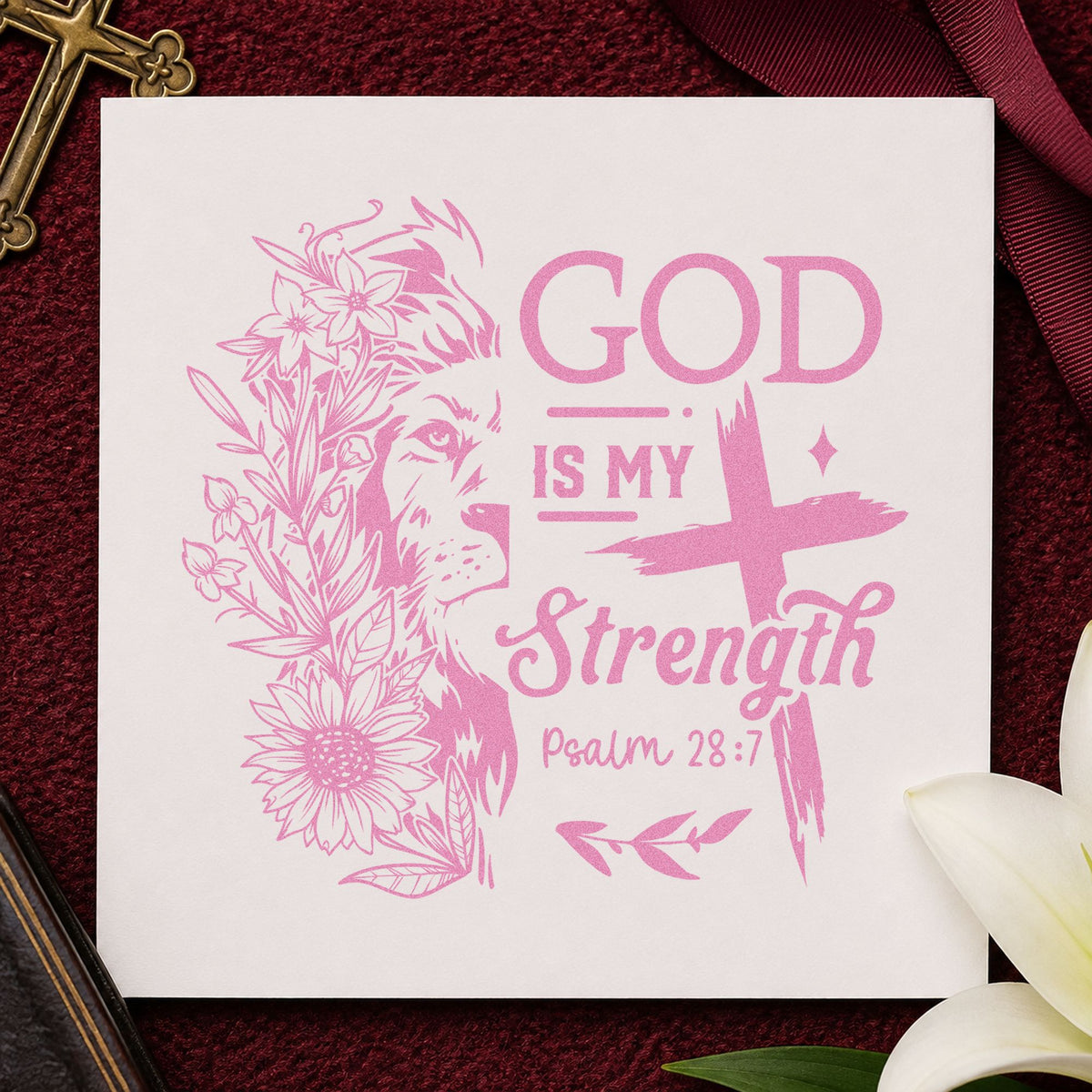 God Is My Strength Lion craft stamp in purple ink on cardstock, an easy option for lion party favors.