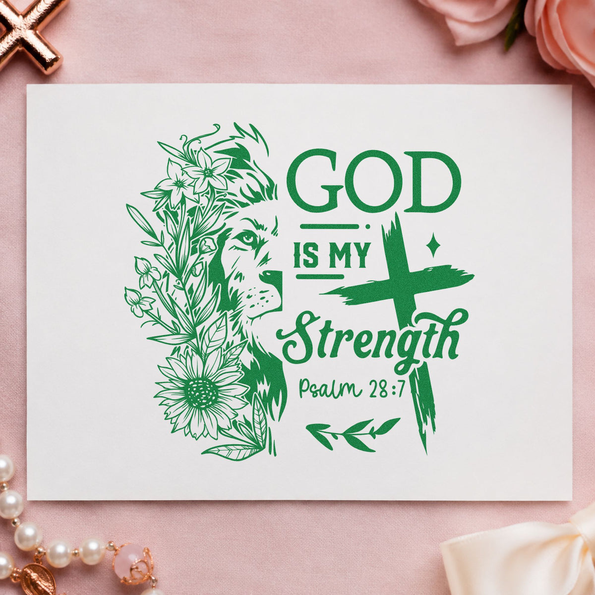 God Is My Strength Lion craft stamp imprint in green ink on a handmade project, one idea being framed wall art.