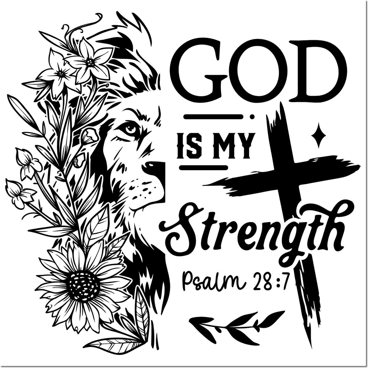 Black stamp/seal design with lion, flowers, cross, and text God is my Strength, Psalm 28:7