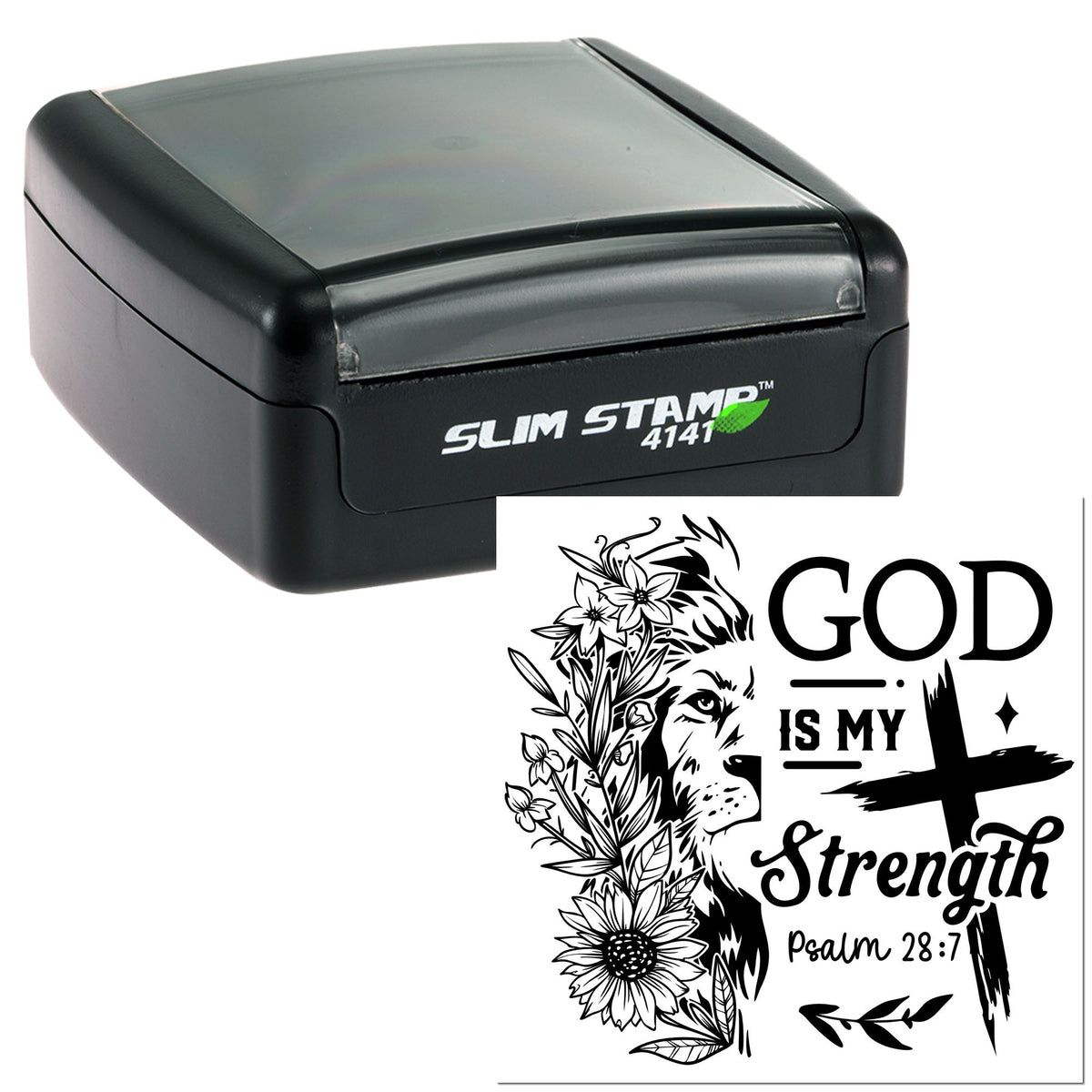 Black self-inking stamp and seal with custom GOD Is My Strength design, lion, flowers, cross, and Psalm 28:7.