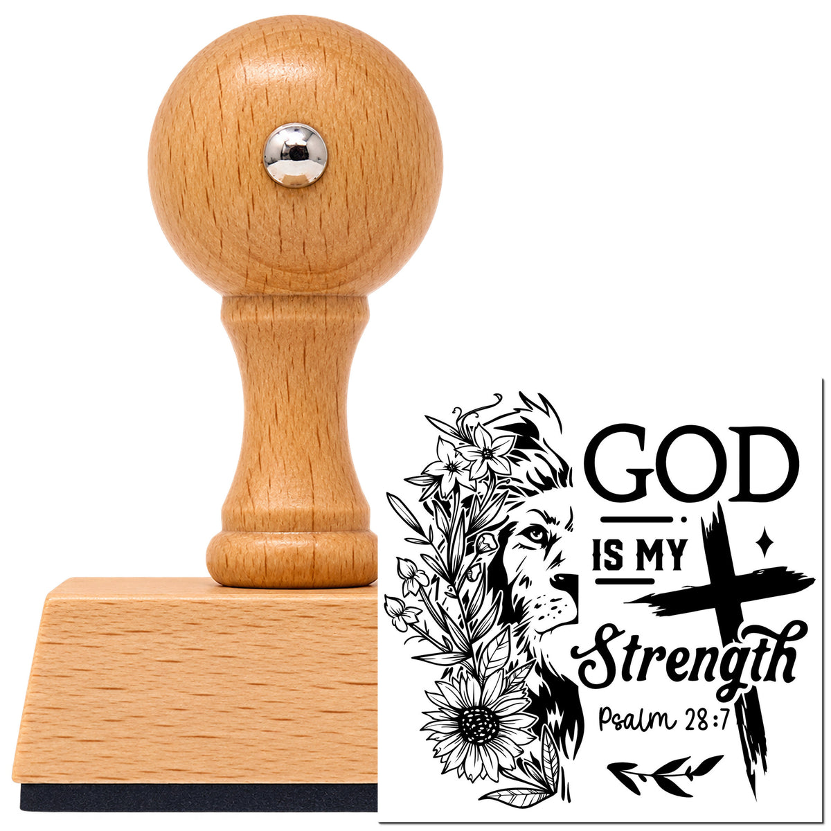 Vintage Pro beech wood stamp with a round knob handle, shown with its black God Is My Strength Lion imprint on white.