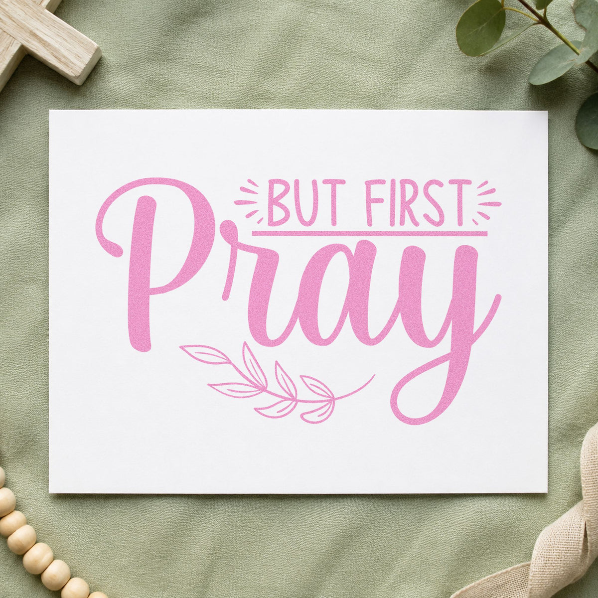 But First Pray Leaves craft stamp in purple ink on cardstock, an easy option for coffee mug tags.